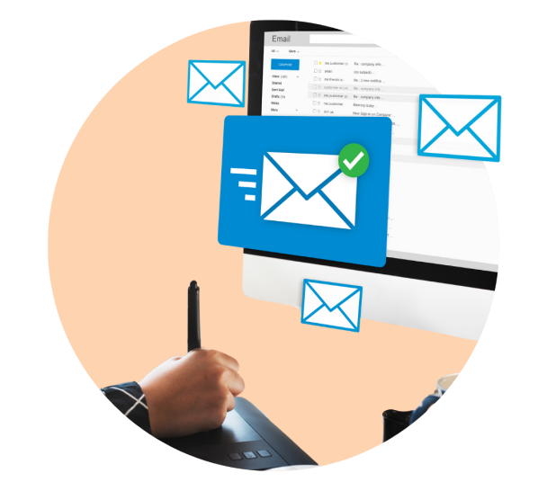 An infographic of an email inbox and mail envelopes on a computer desktop screen